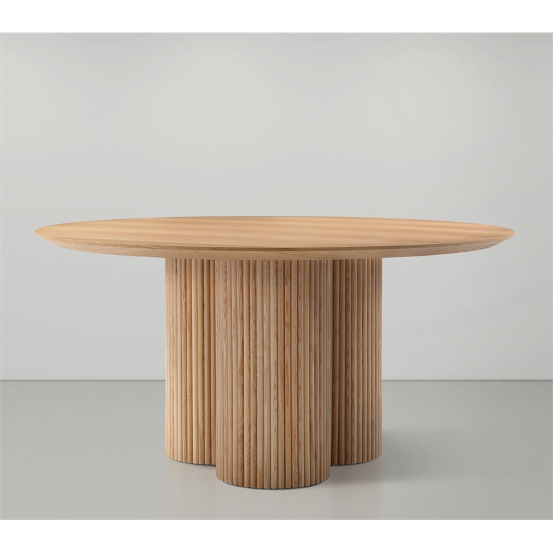 Maklaine Contemporary Natural Oak Veneer Solid Wood Fluted Base Dining Table