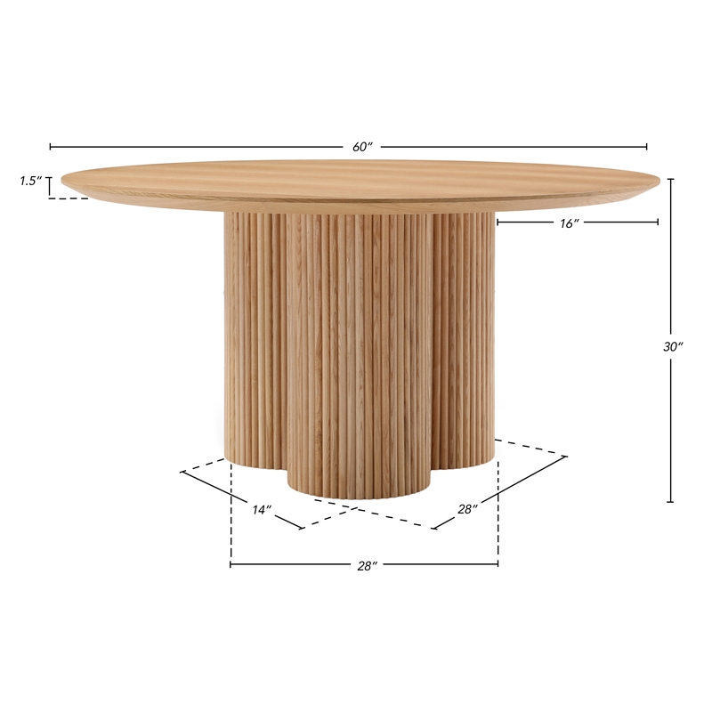 Maklaine Contemporary Natural Oak Veneer Solid Wood Fluted Base Dining Table