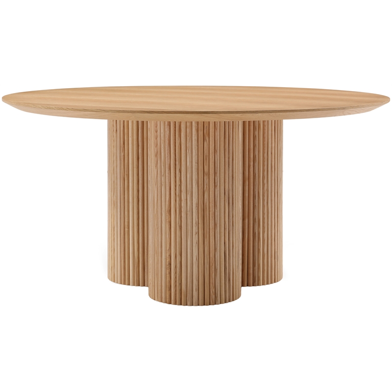 Maklaine Contemporary Natural Oak Veneer Solid Wood Fluted Base Dining Table