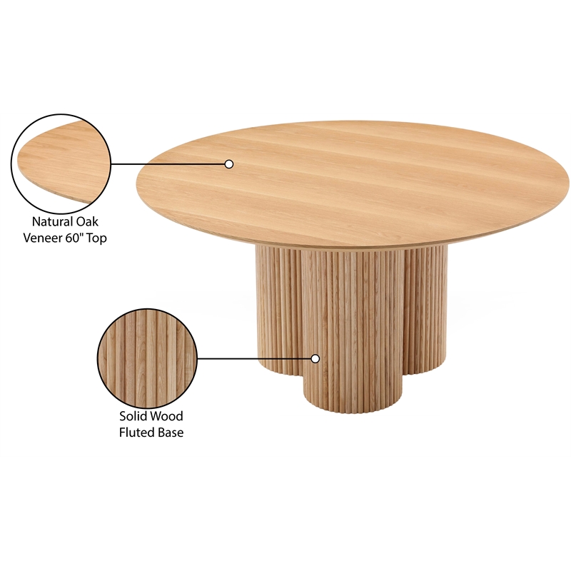 Maklaine Contemporary Natural Oak Veneer Solid Wood Fluted Base Dining Table