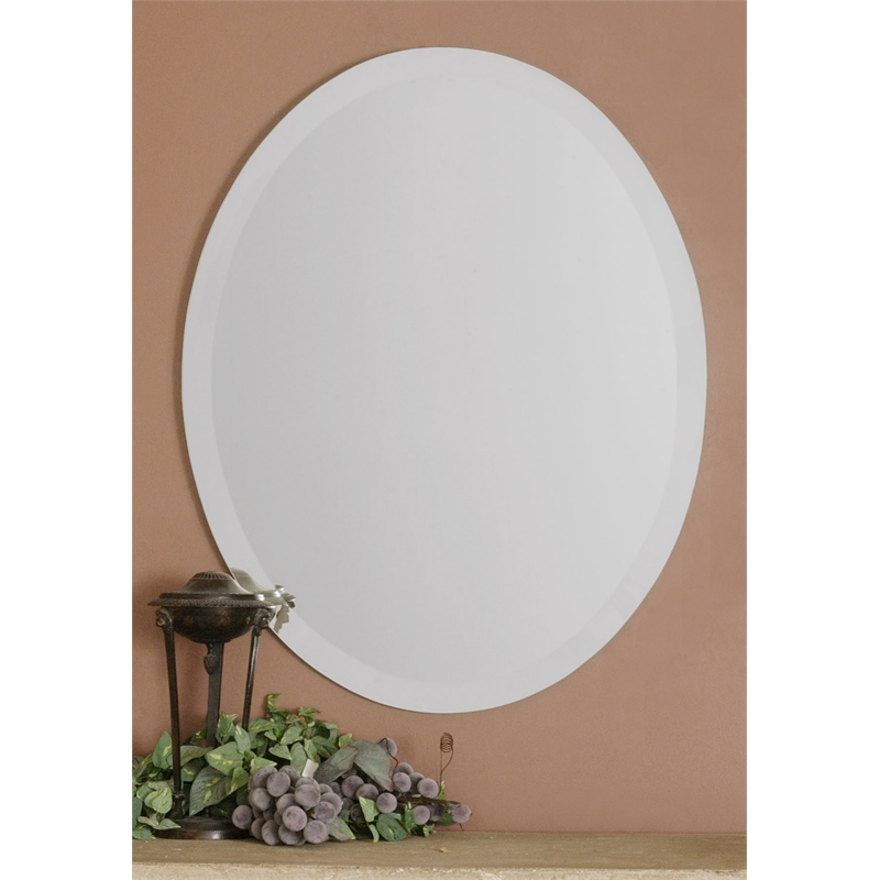 Maklaine Frameless Traditional Beveled Vanity Glass Oval Mirror in Silver