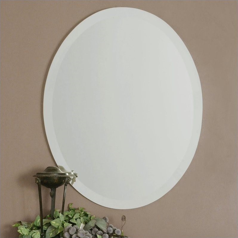 Maklaine Frameless Traditional Beveled Vanity Glass Oval Mirror in Silver