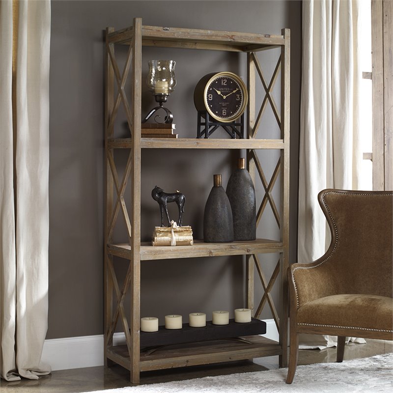 Maklaine Contemporary Reclaimed Fir Wood Etagere in Light Gray Glaze