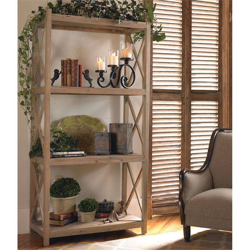 Maklaine Contemporary Reclaimed Fir Wood Etagere in Light Gray Glaze
