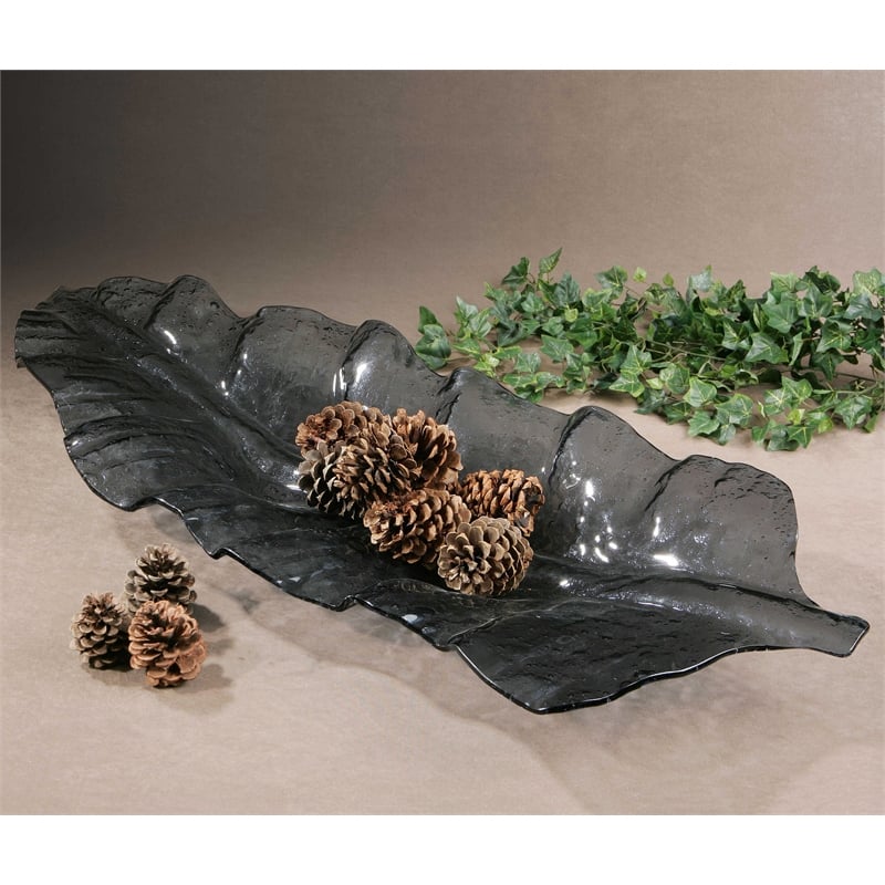 Maklaine Contemporary Smoked Leaf Coastal Glass Tray in Dark Gray Finish
