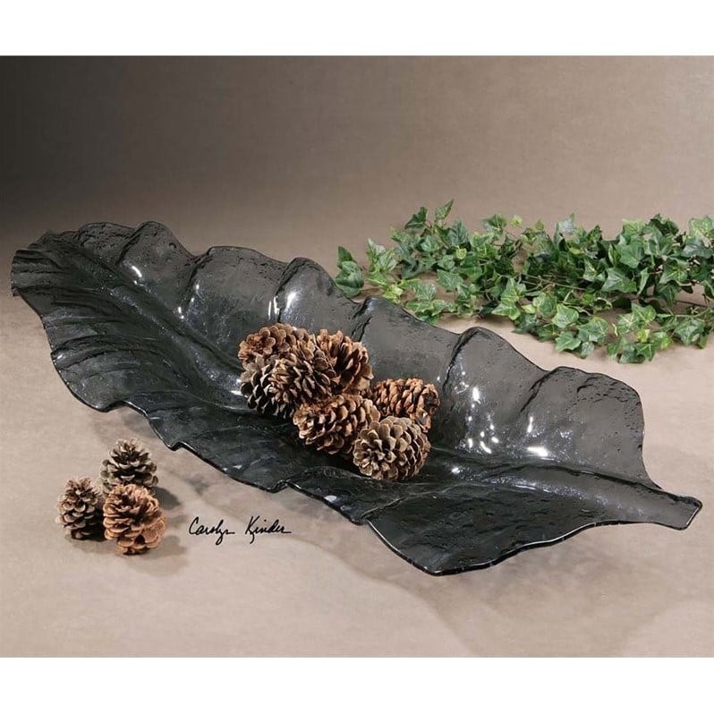 Maklaine Contemporary Smoked Leaf Coastal Glass Tray in Dark Gray Finish