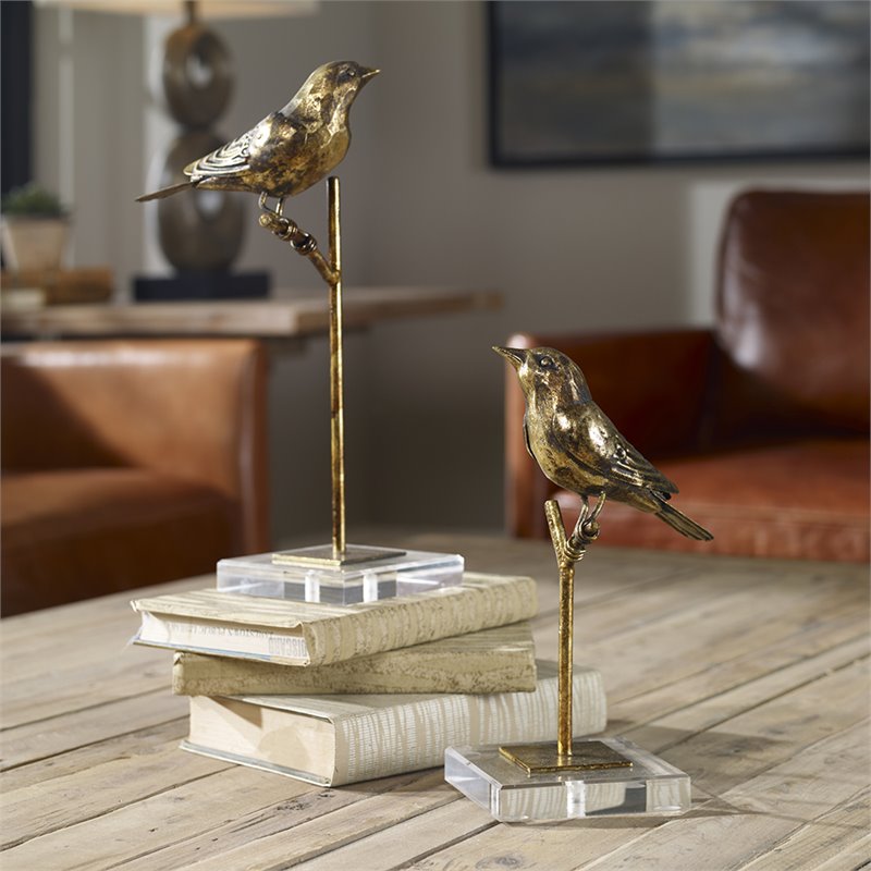 Maklaine 2-Piece Polyresin Metal Bird Sculpture Set in Antique Gold