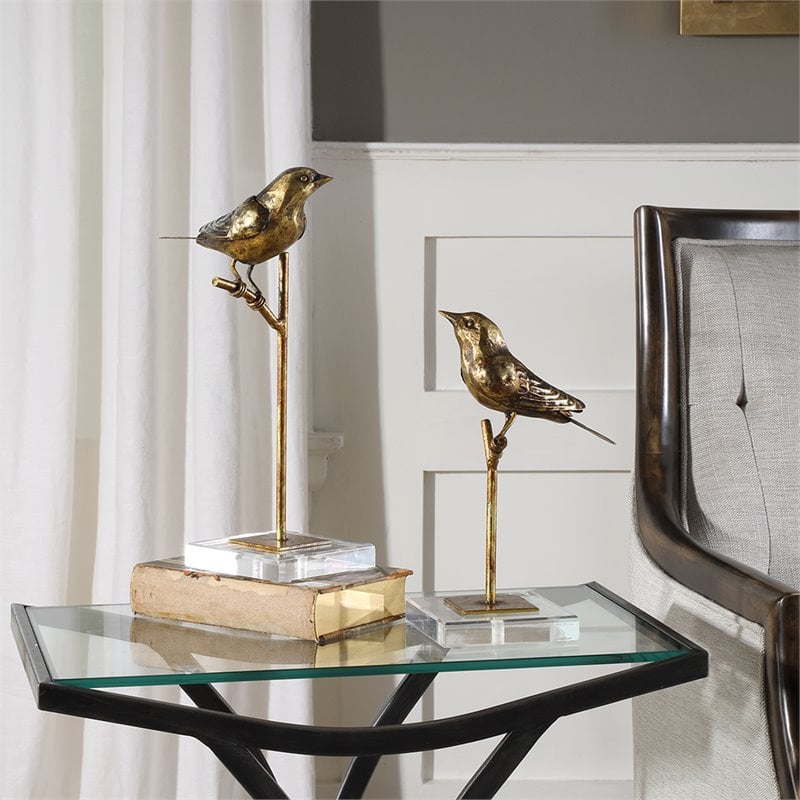 Maklaine 2-Piece Polyresin Metal Bird Sculpture Set in Antique Gold