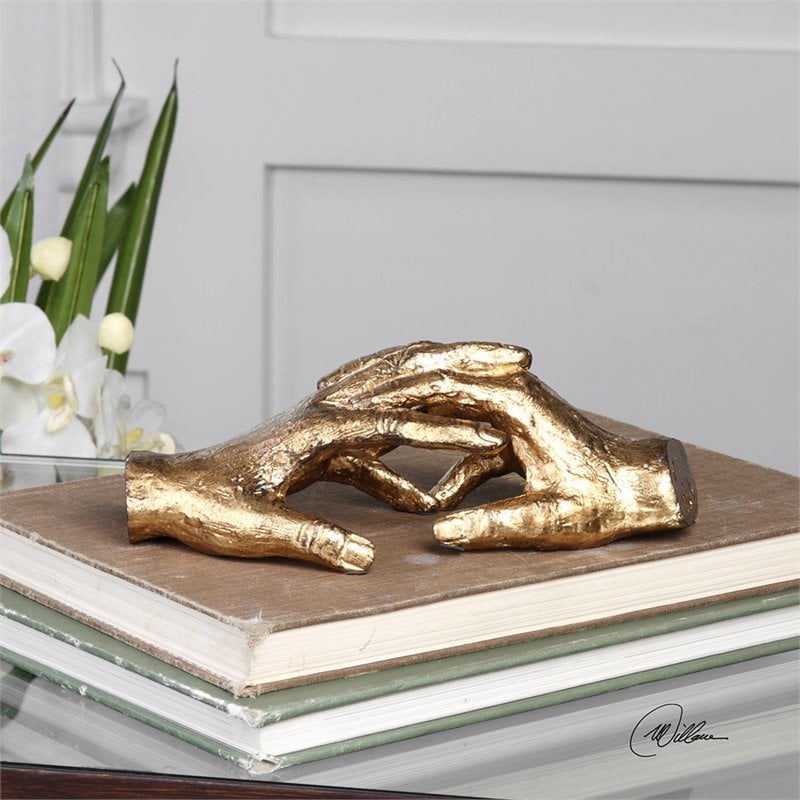 Maklaine Hold My Hand Contemporary Iron Sculpture in Gold Finish