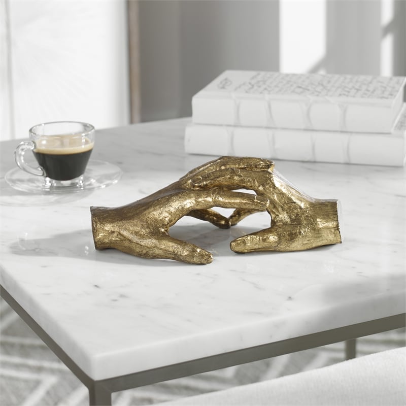 Maklaine Hold My Hand Contemporary Iron Sculpture in Gold Finish