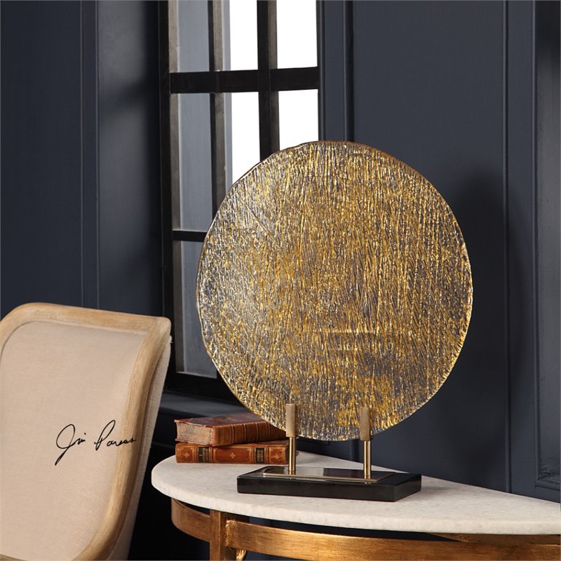 Maklaine Coastal Marble and Steel Art Glass Charger in Gold/Black