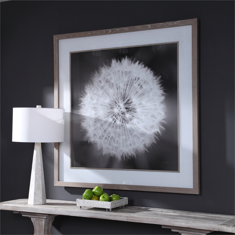 Maklaine Dandelion Seedhead Wood and Glass Framed Print in Black/White