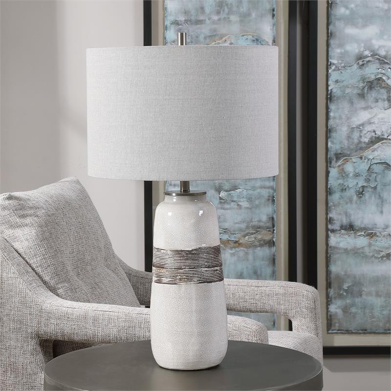 Maklaine Contemporary Transitional Ceramic and Steel Table Lamp in White