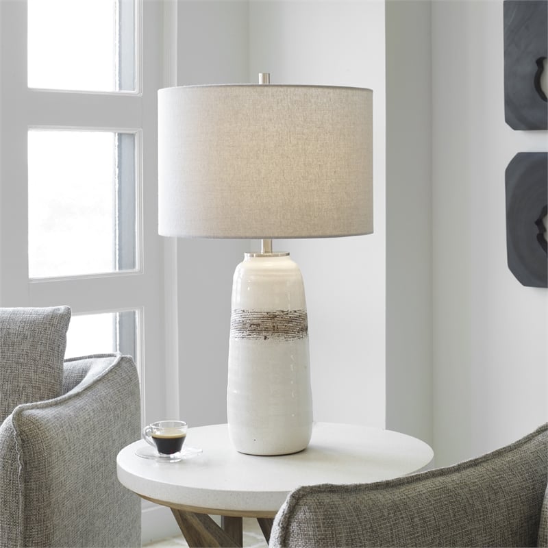 Maklaine Contemporary Transitional Ceramic and Steel Table Lamp in White