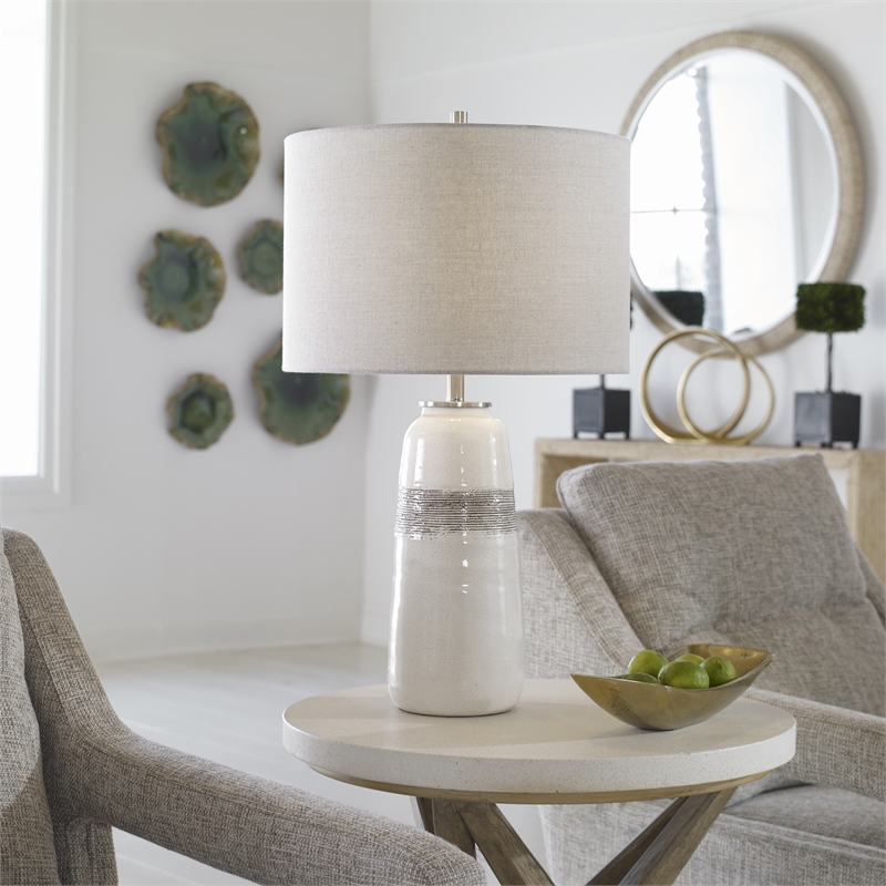 Maklaine Contemporary Transitional Ceramic and Steel Table Lamp in White