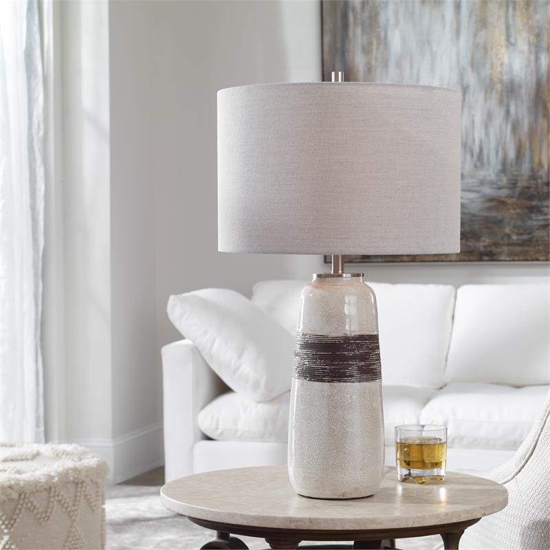 Maklaine Contemporary Transitional Ceramic and Steel Table Lamp in White