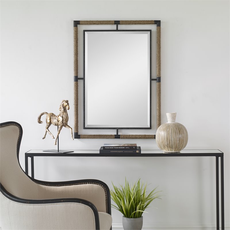 Maklaine Coastal Iron Rope MDF Wood and Glass Mirror in Rust Black