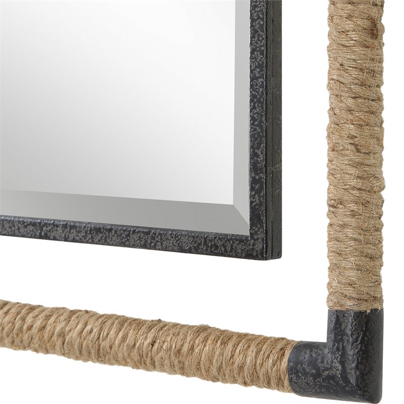 Maklaine Coastal Iron Rope MDF Wood and Glass Mirror in Rust Black