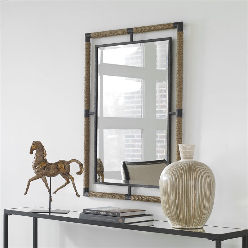 Maklaine Coastal Iron Rope MDF Wood and Glass Mirror in Rust Black