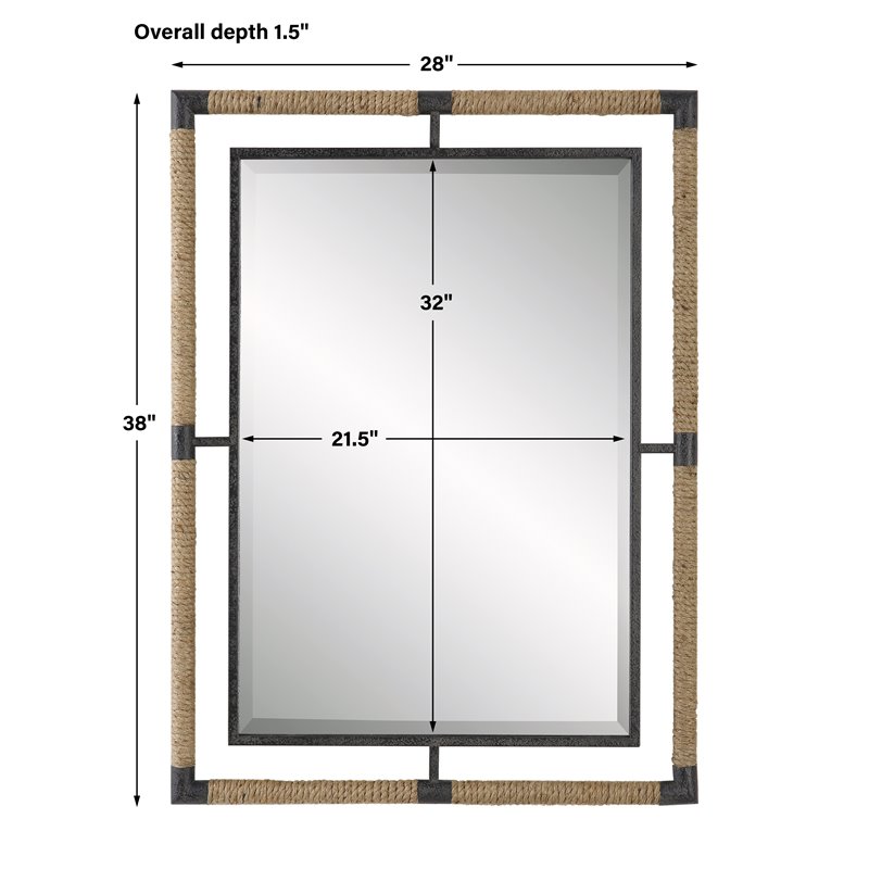 Maklaine Coastal Iron Rope MDF Wood and Glass Mirror in Rust Black