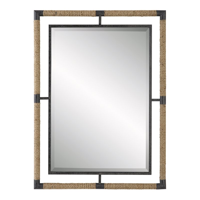 Maklaine Coastal Iron Rope MDF Wood and Glass Mirror in Rust Black