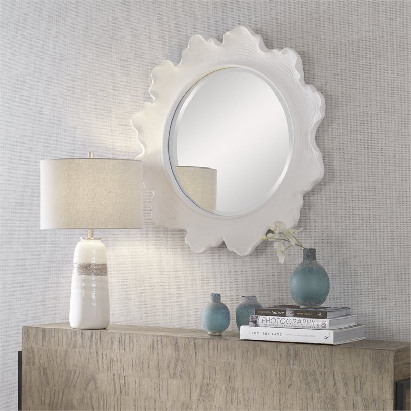 Maklaine Sea Coral Round Coastal Resin Glass and MDF Mirror in White