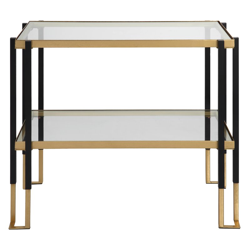 Maklaine Contemporary Iron Metal and Glass Side Table in Matte Black