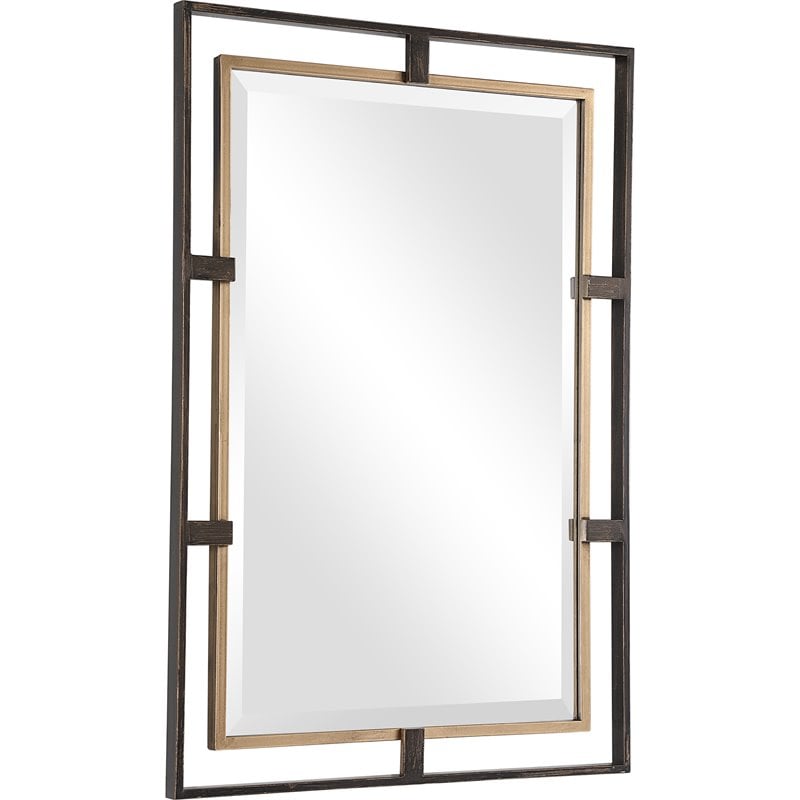 Maklaine Contemporary Rectangle Iron Metal and MDF Mirror in Gold/Bronze