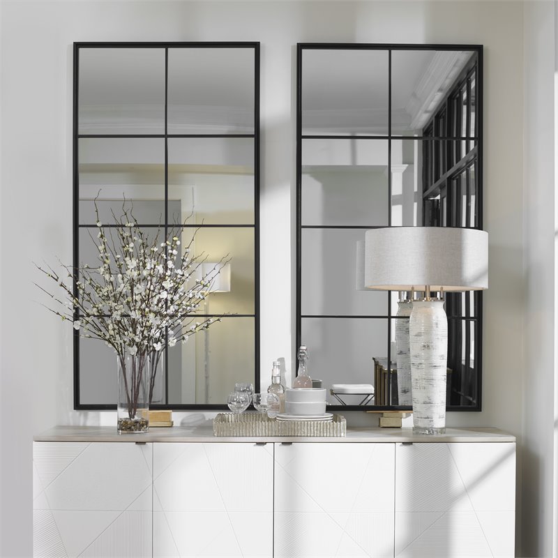 Maklaine Contemporary Iron Metal and MDF Window Mirror in Black