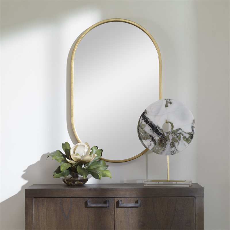 Maklaine Oval Transitional Iron Metal Mirror in Lightly Antiqued Gold