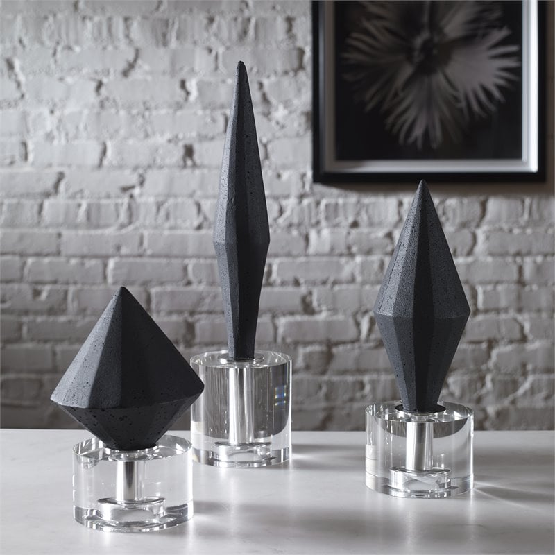 Maklaine Stone and Crystal Sculptures in Elegant Black (Set of 3)