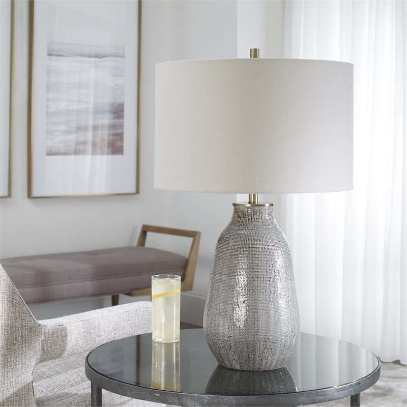 Maklaine Contemporary Ceramic and Steel Table Lamp in Neutral Gray/Taupe
