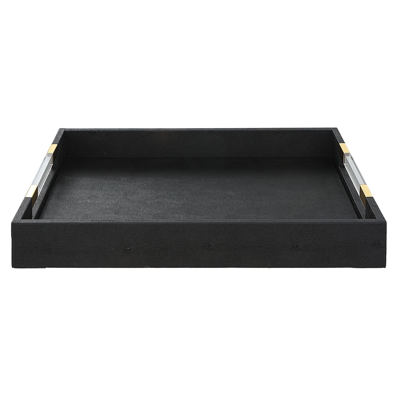 Maklaine Contemporary MDF Wood and Faux Shagreen Tray in Black