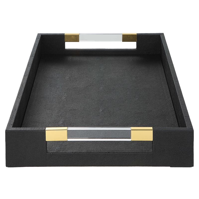Maklaine Contemporary MDF Wood and Faux Shagreen Tray in Black