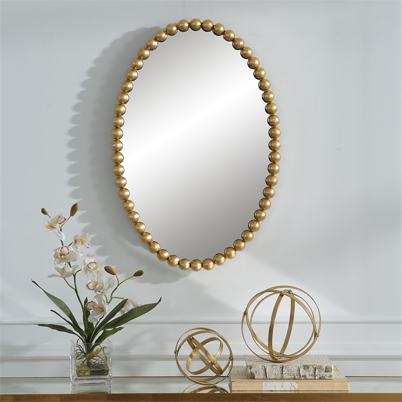 Maklaine Contemporary Oval Transitional MDF and Metal Mirror in Gold
