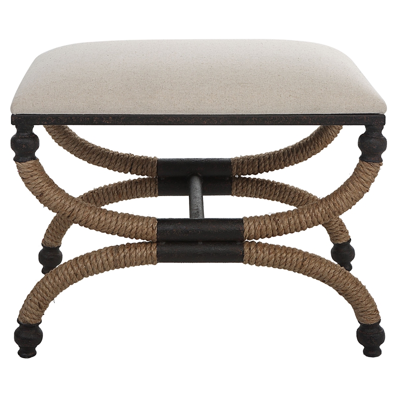 Maklaine Farmhouse MDF Iron Rope and Fabric Small Bench in Brown