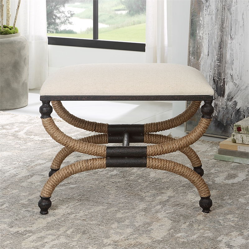 Maklaine Farmhouse MDF Iron Rope and Fabric Small Bench in Brown