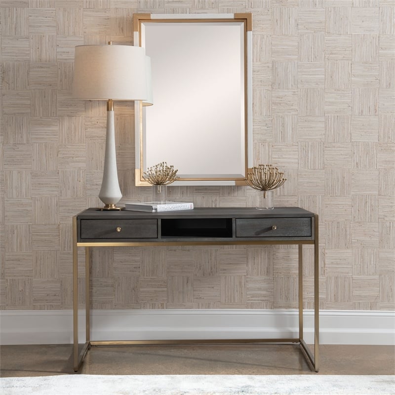 Maklaine Modern Wood and Stainless Steel Writing Desk in Brass/Woodtone