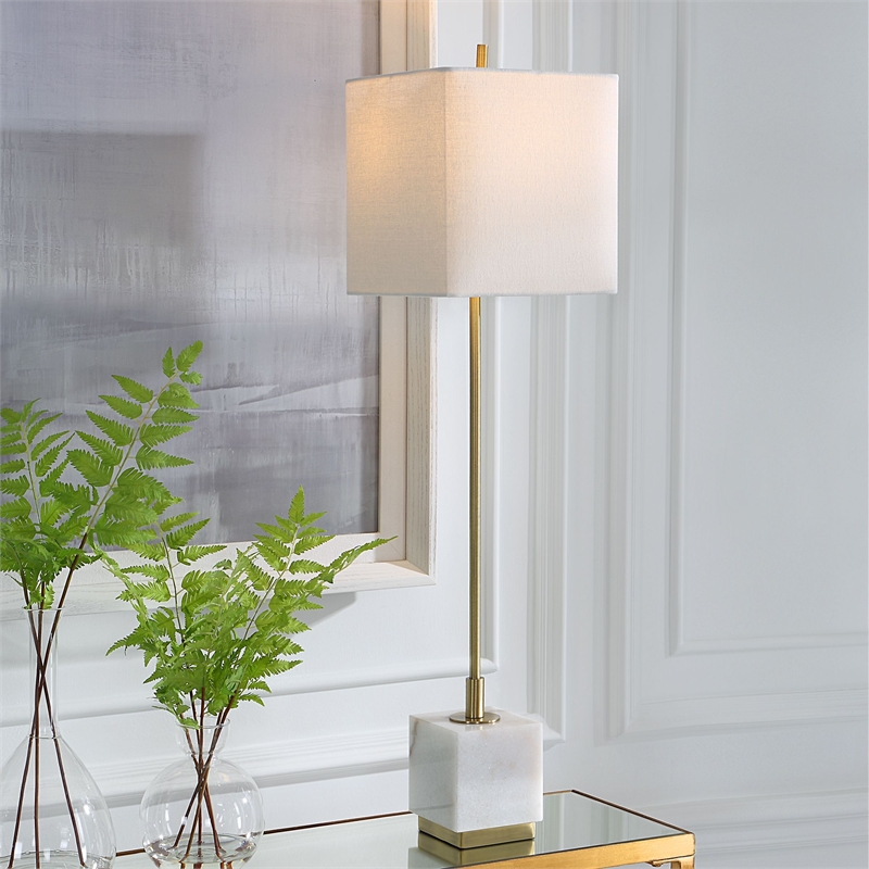 Maklaine Contemporary Metal Marble and Fabric Buffet Lamp in Brass/Gold