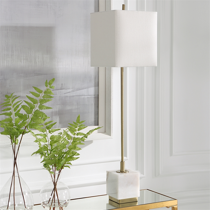 Maklaine Contemporary Metal Marble and Fabric Buffet Lamp in Brass/Gold