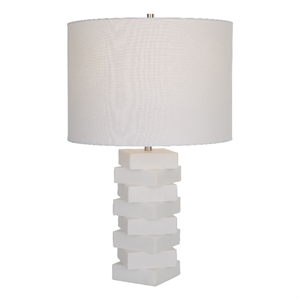 maklaine contemporary rice stone and linen geometric table lamp in white