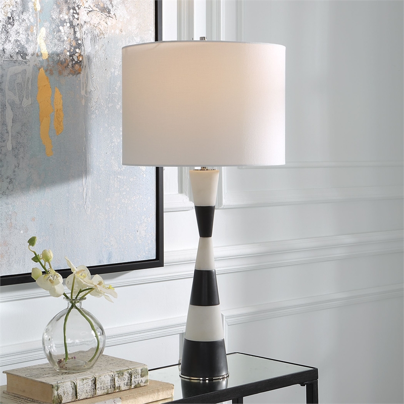Maklaine Contemporary Rice Stone and Resin Table Lamp in Black/White