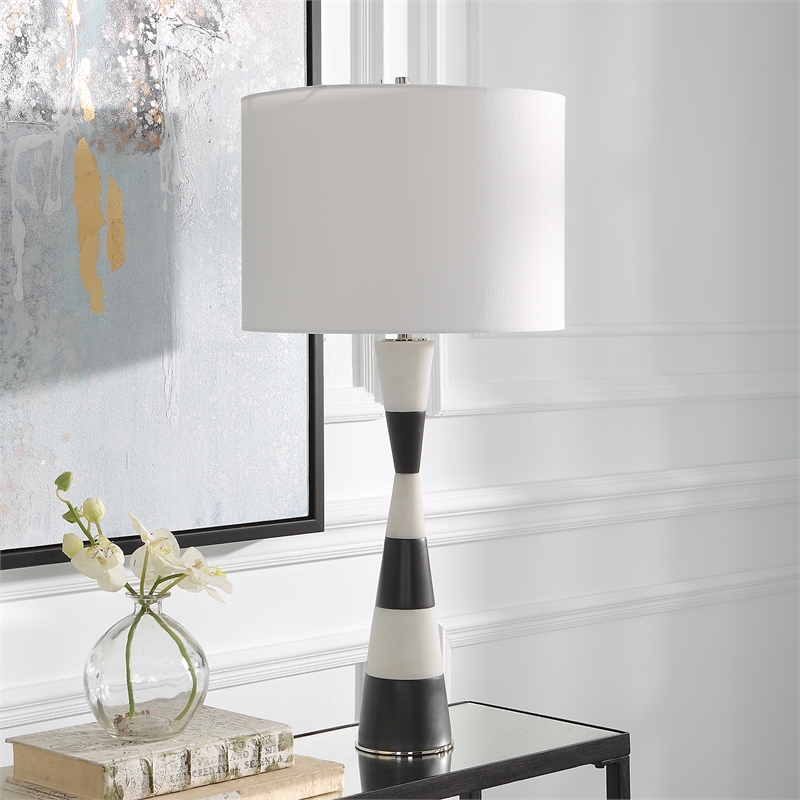 Maklaine Contemporary Rice Stone and Resin Table Lamp in Black/White