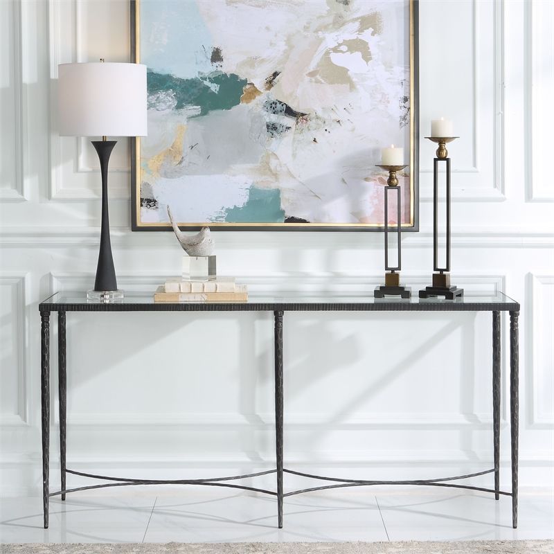 Maklaine Contemporary Tempered Glass and Metal Console Table in Black