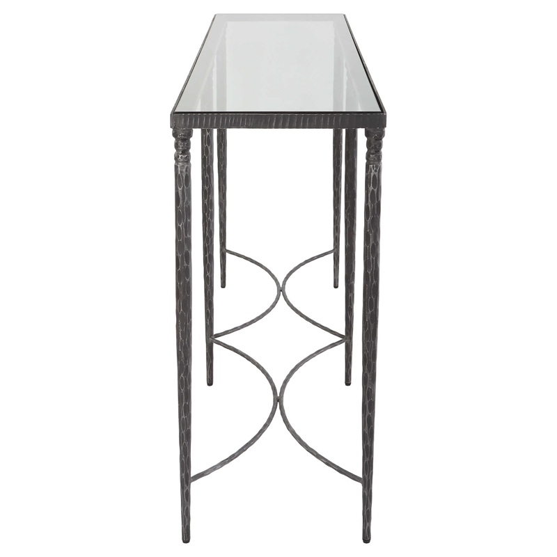 Maklaine Contemporary Tempered Glass and Metal Console Table in Black