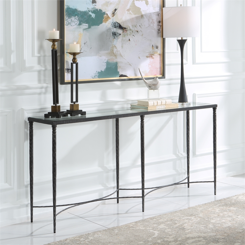 Maklaine Contemporary Tempered Glass and Metal Console Table in Black
