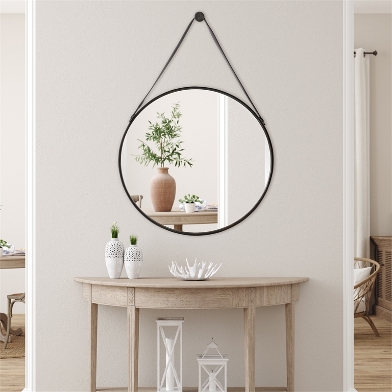 Maklaine Round Coastal Iron Metal and MDF Wood Mirror in Bronze