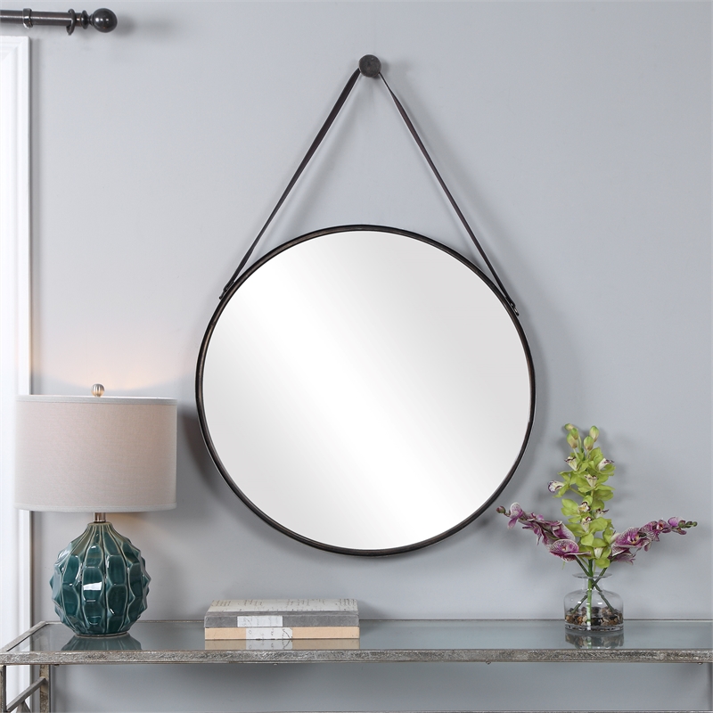 Maklaine Round Coastal Iron Metal and MDF Wood Mirror in Bronze
