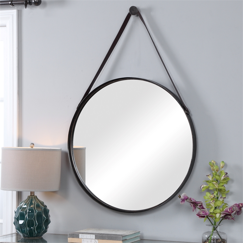 Maklaine Round Coastal Iron Metal and MDF Wood Mirror in Bronze
