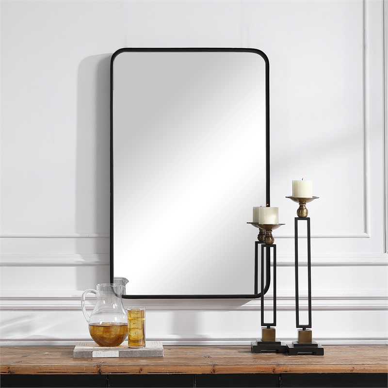 Maklaine Contemporary Iron Metal & MDF Mirror in Satin Black